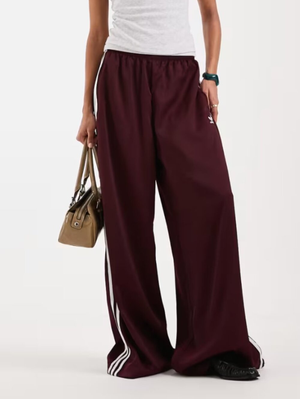 Adidas Originals Satin Wide Leg Track Pants in Maroon and Off White XS - 2